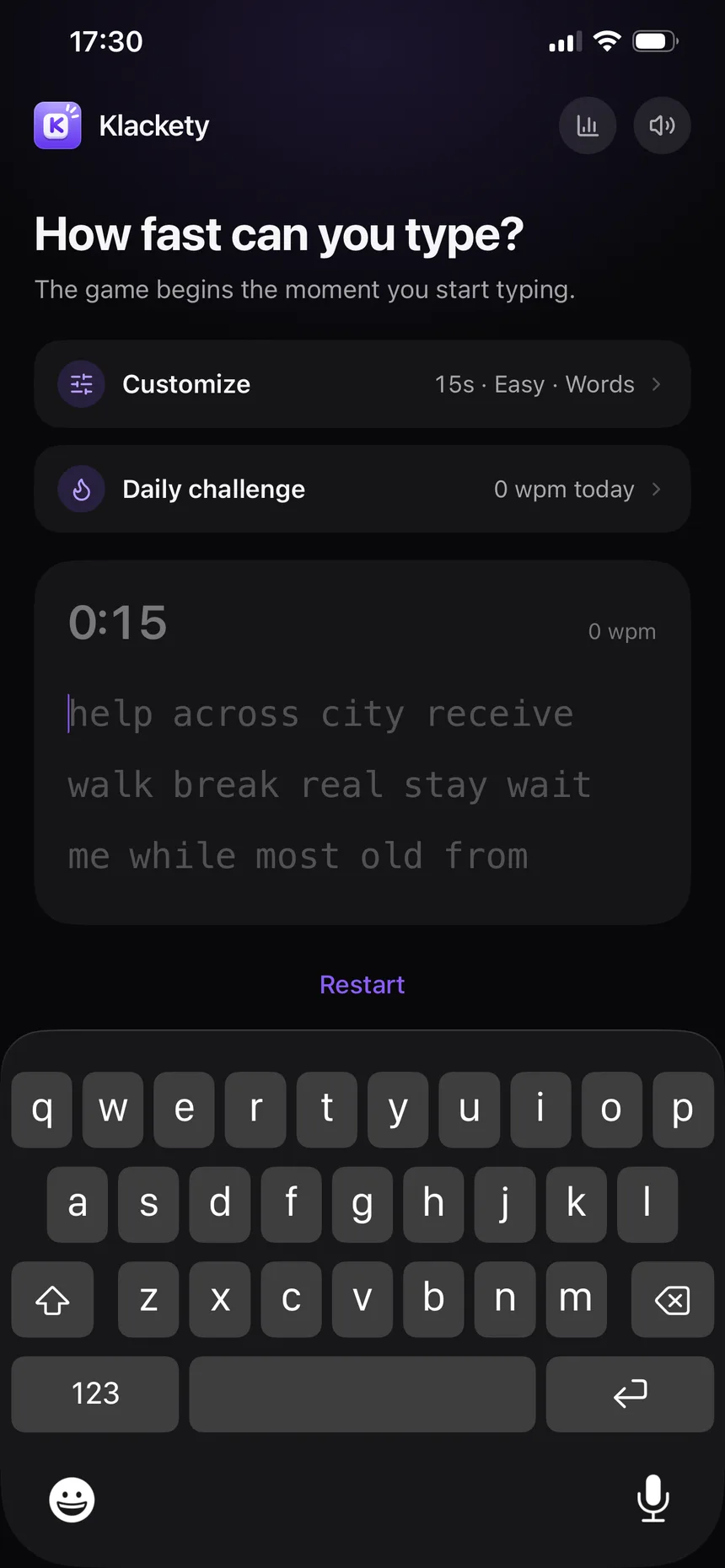 Klackety on iPhone — a typing run in progress